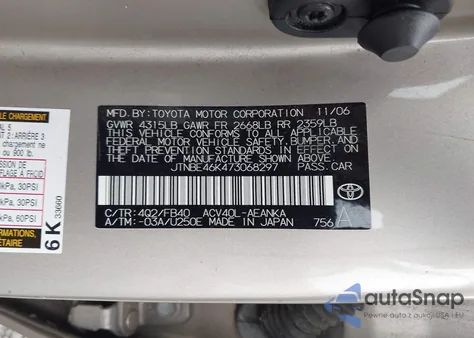 2007 Toyota Camry Le z USA, uszkodzony, nr VIN JTNBE46K473068297